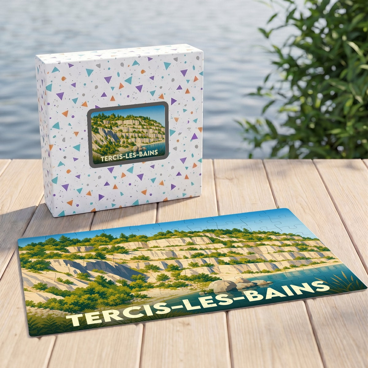 Puzzle souvenir de la ville de Tercis-les-Bains avec une illustration stylisée d'un paysage naturel.