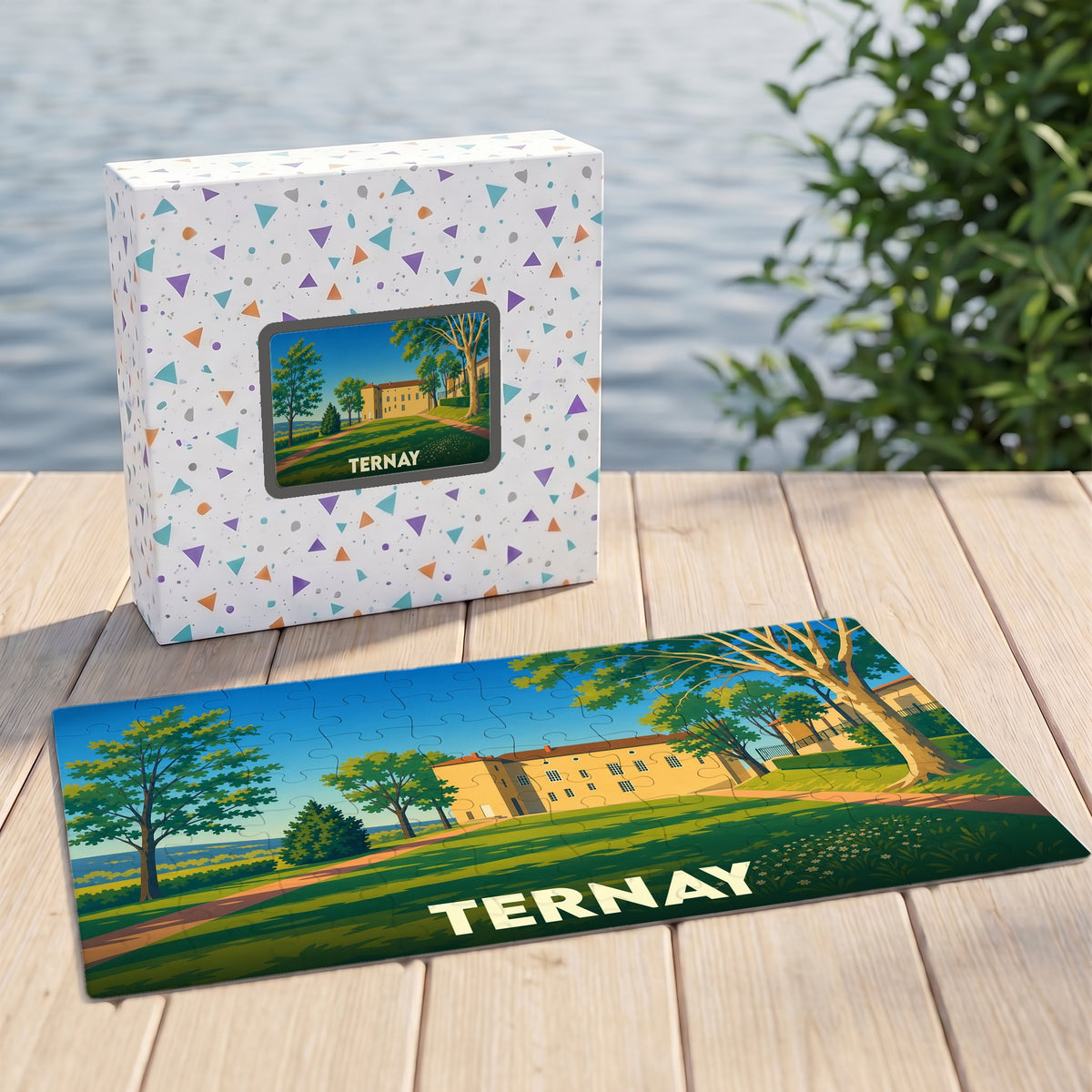 Puzzle souvenir de la ville de Ternay représentant une illustration stylisée d'un manoir dans un parc arboré.