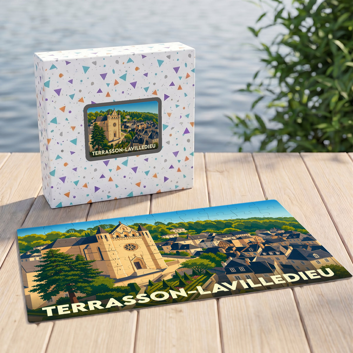 Puzzle souvenir de la ville de Terrasson-Lavilledieu avec une illustration stylisée des toits et de l'église.
