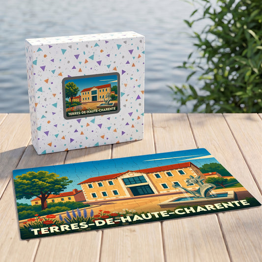 Puzzle souvenir de la ville de Terres-de-Haute-Charente avec une illustration stylisée d'un bâtiment et d'une fontaine.