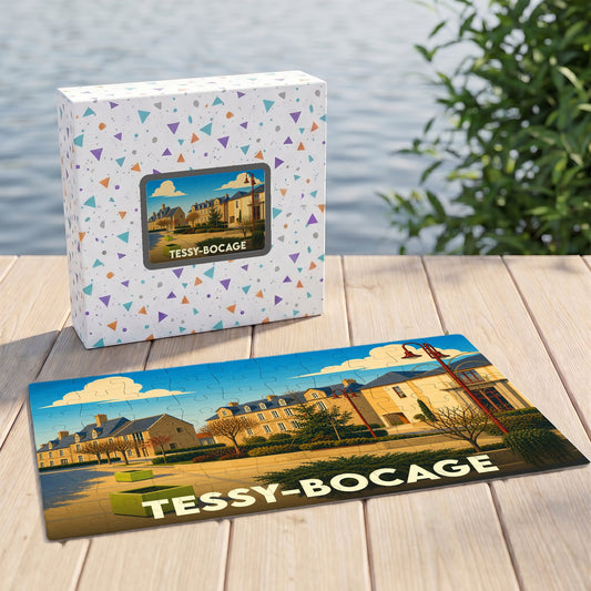 Puzzle souvenir de la ville de Tessy-Bocage avec une illustration stylisée.