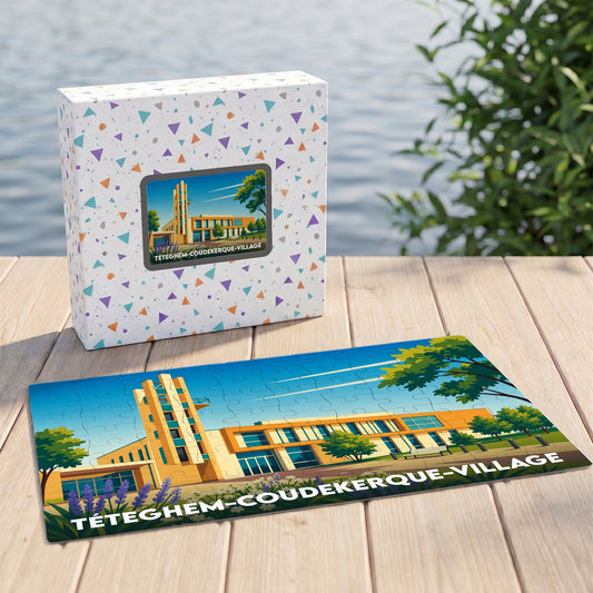 Puzzle souvenir de la ville de Téteghem-Coudekerque-Village avec une illustration stylisée et colorée de son architecture moderne.