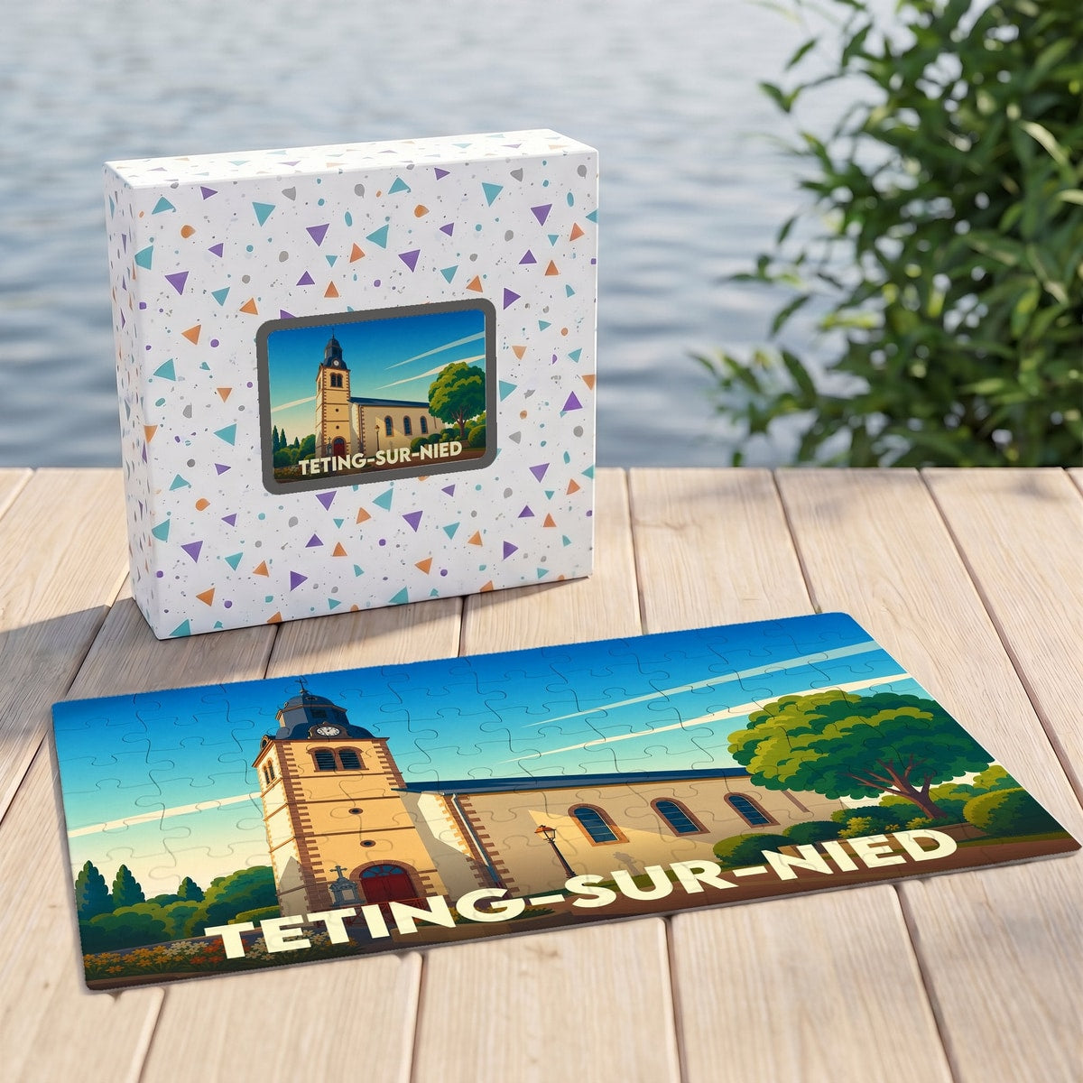 Puzzle souvenir de la ville de Teting-sur-Nied avec une illustration stylisée de son église.