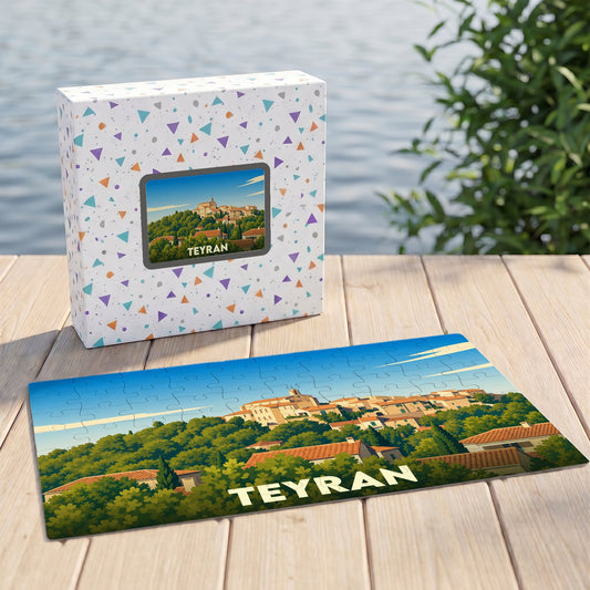 Puzzle souvenir de la ville de Teyran avec une illustration stylisée et colorée.