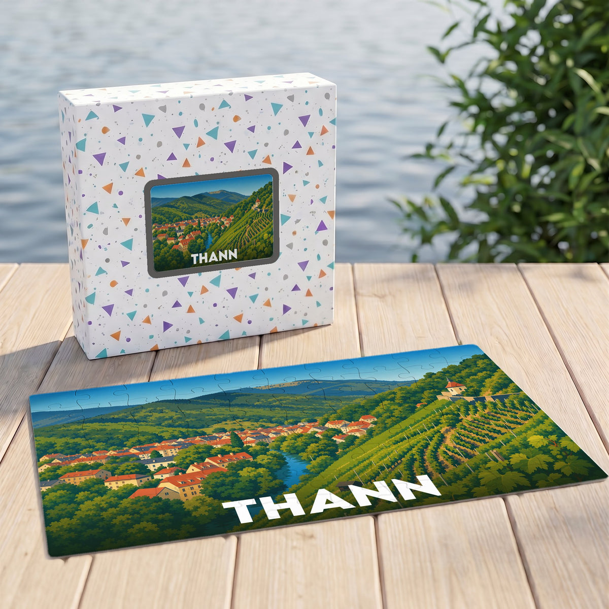 Puzzle souvenir de la ville de Thann avec une illustration stylisée de son paysage de vignobles.