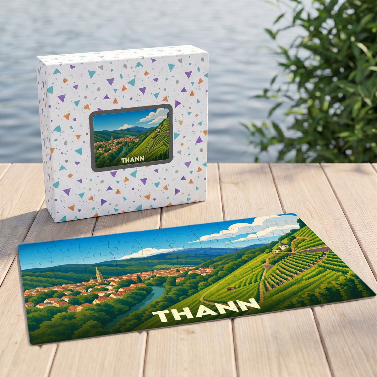 Puzzle souvenir de la ville de Thann illustrant ses vignobles et son panorama urbain dans un style graphique épuré.