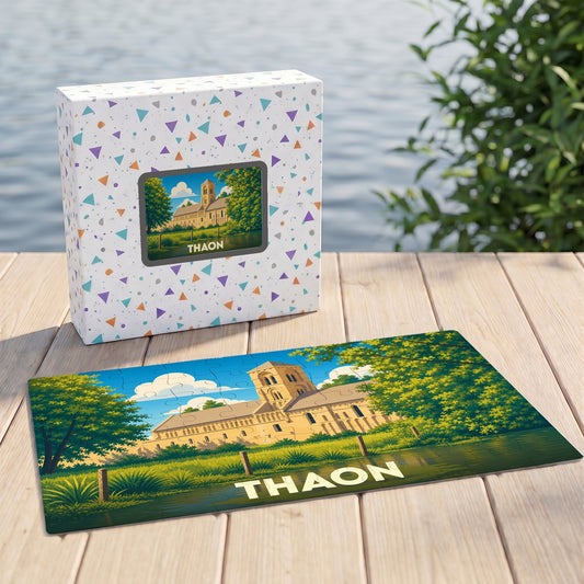 Puzzle souvenir de la ville de Thaon présentant une illustration stylisée de son patrimoine architectural au bord de l'eau.