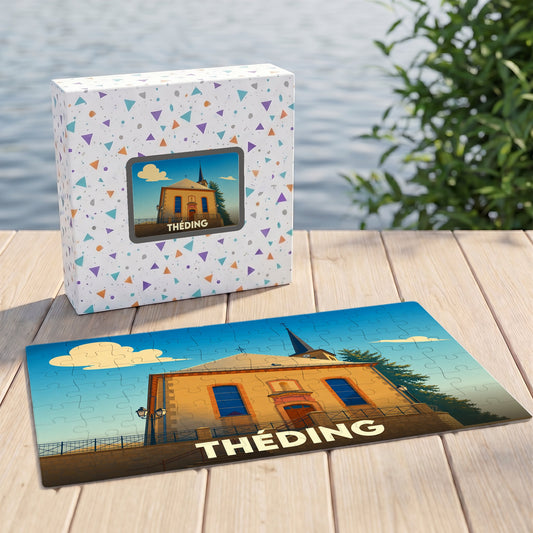 Puzzle souvenir de la ville de Théding avec une illustration stylisée de son église.