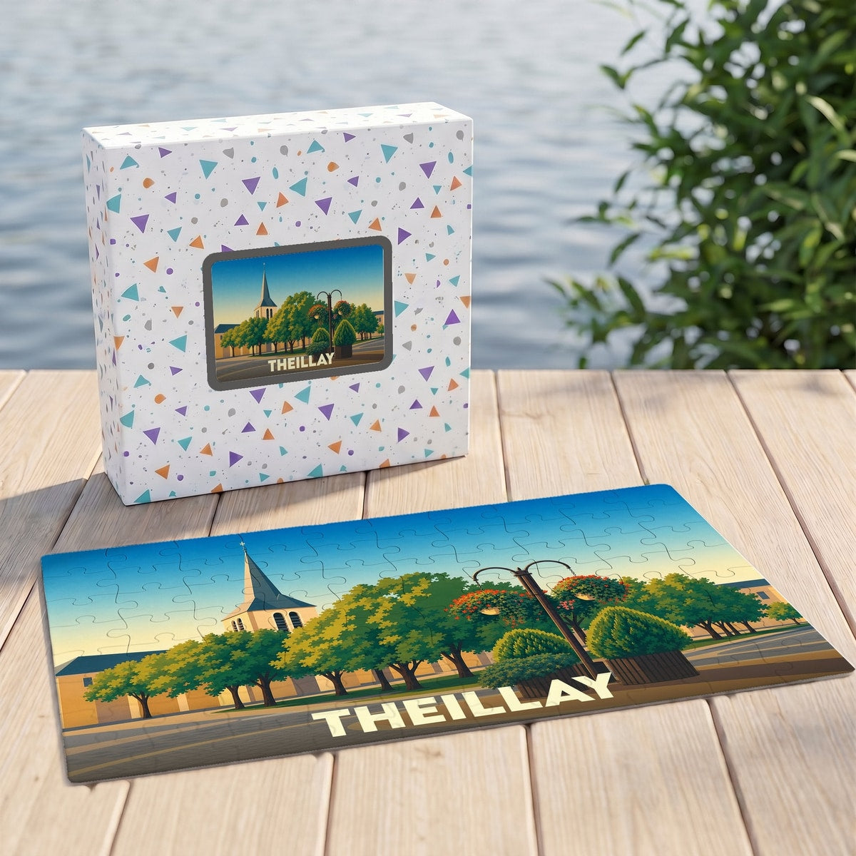 Puzzle souvenir de la ville de Theillay avec une illustration stylisée d'un paysage urbain.