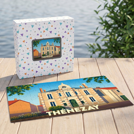Puzzle souvenir de la ville de Thénezay avec une illustration stylisée.