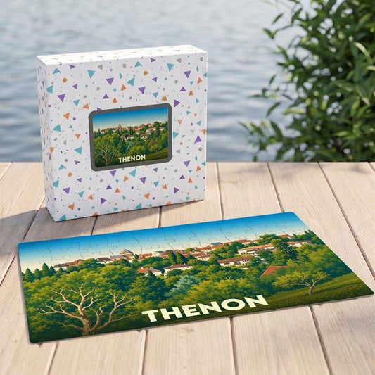 Puzzle souvenir de la ville de Thenon avec une illustration stylisée de son paysage urbain verdoyant.