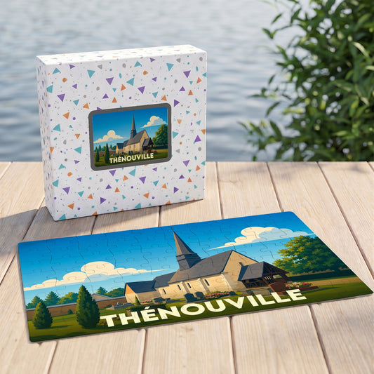 Puzzle souvenir de la ville de Thénouville avec une illustration stylisée d'une église locale.