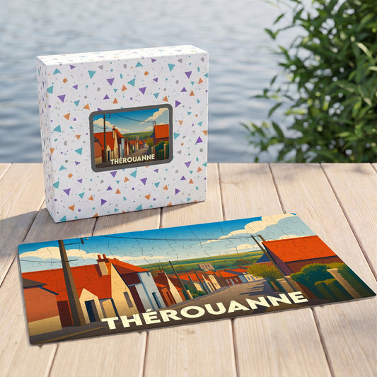 Puzzle souvenir de la ville de Thérouanne avec une illustration stylisée et sa boîte assortie.