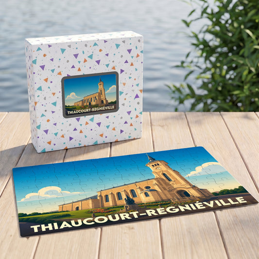 Puzzle souvenir de la ville de Thiaucourt-Regniéville avec une illustration stylisée de son église et de son monument.