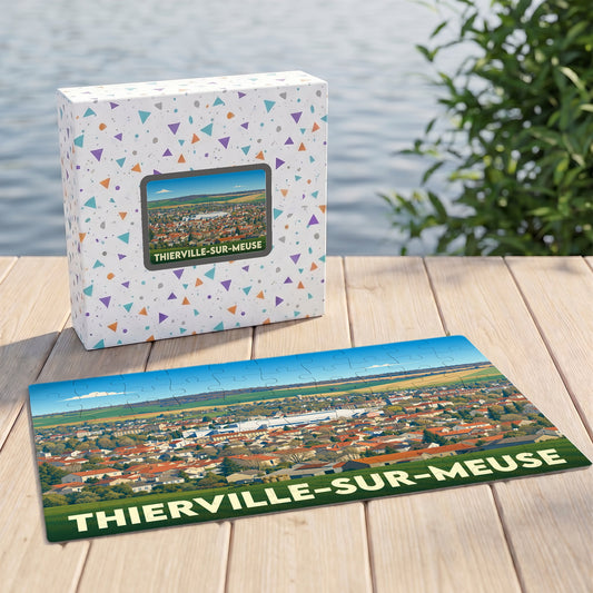 Puzzle souvenir de la ville de Thierville-sur-Meuse avec une illustration panoramique stylisée.