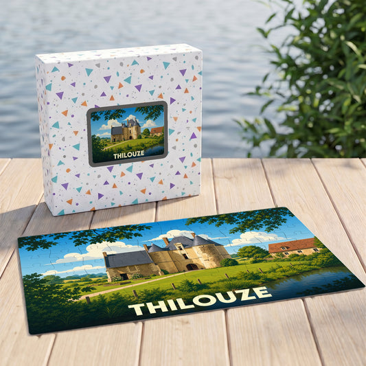 Puzzle souvenir de la ville de Thilouze avec une illustration stylisée de son château.