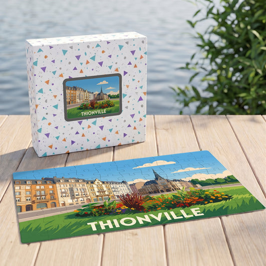 Puzzle souvenir de la ville de Thionville avec une illustration stylisée et sa boîte assortie.