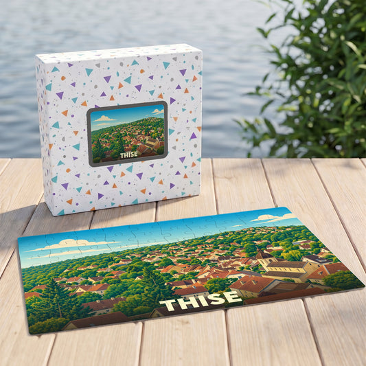 Puzzle souvenir de la ville de Thise illustrant un paysage urbain verdoyant sous forme de dessin.