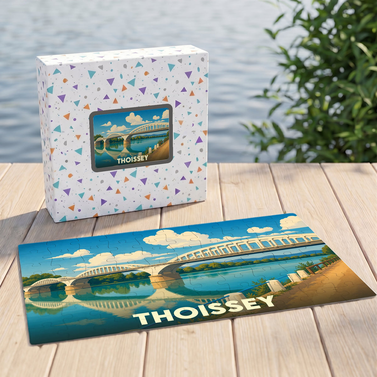 Puzzle souvenir de la ville de Thoissey représentant son pont avec une illustration stylisée.