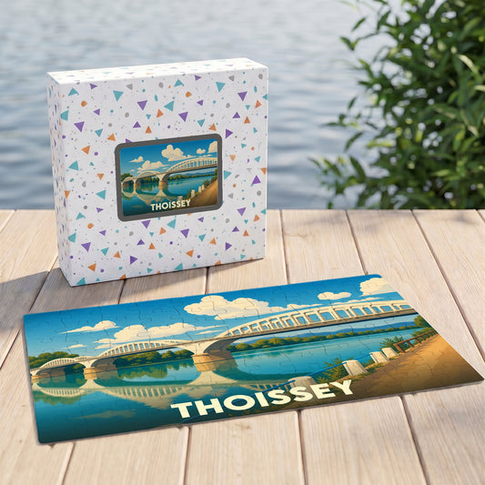 Puzzle souvenir de la ville de Thoissey représentant son pont avec une illustration stylisée.