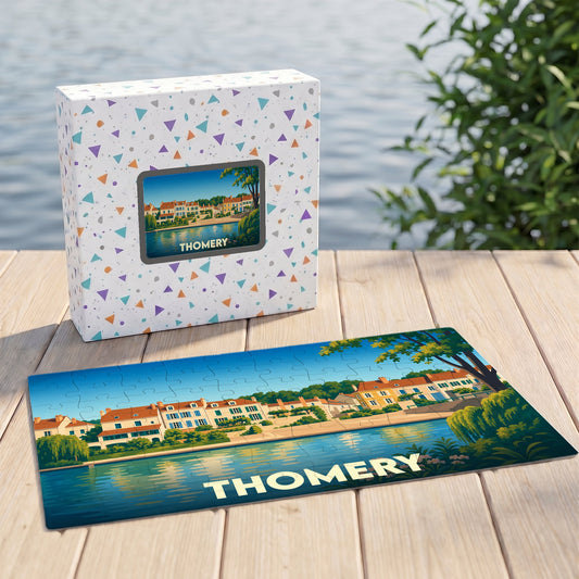 Puzzle souvenir de la ville de Thomery avec une illustration colorée des bords de Seine.