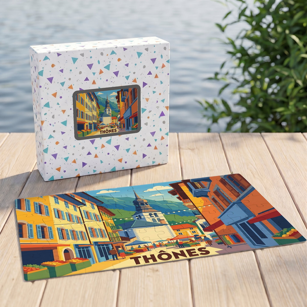 Puzzle souvenir de la ville de Thônes avec une illustration stylisée et sa boîte assortie posés sur un ponton en bois.