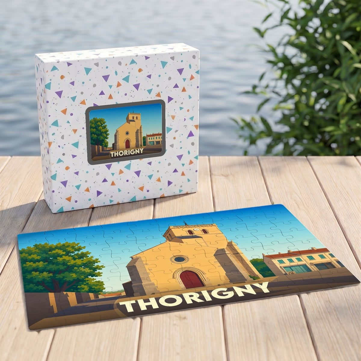 Puzzle souvenir de la ville de Thorigny avec une illustration stylisée.