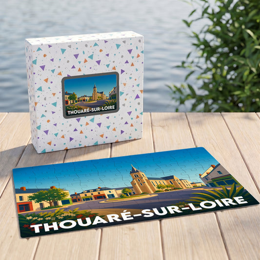 Puzzle souvenir de la ville de Thouaré-sur-Loire avec une illustration stylisée et colorée.