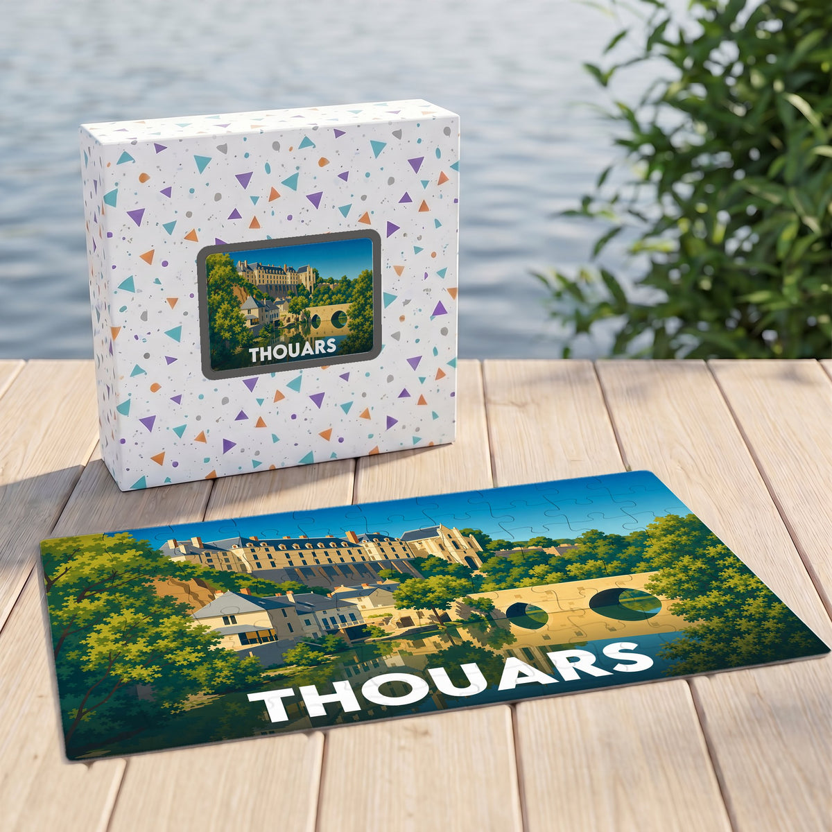 Puzzle souvenir de la ville de Thouars avec une illustration stylisée de son château et de son pont.