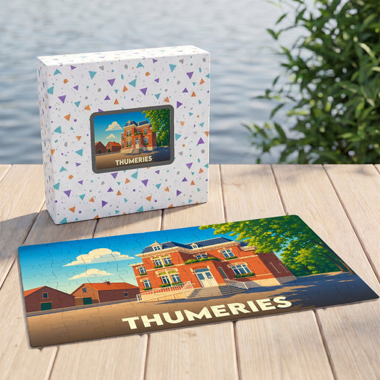 Puzzle souvenir de la ville de Thumeries avec une illustration stylisée d'un bâtiment en briques rouges.