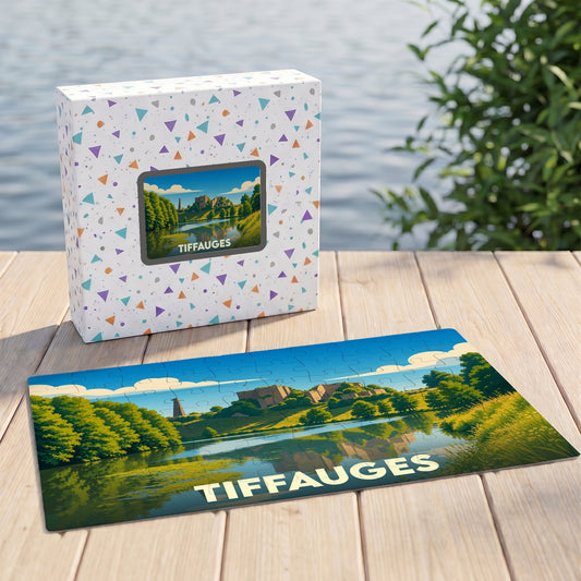 Puzzle souvenir de la ville de Tiffauges avec une illustration stylisée d'un paysage fluvial.