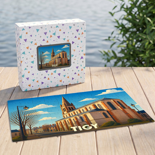 Puzzle souvenir de la ville de Tigy avec une illustration stylisée de son église.