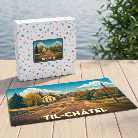 Puzzle souvenir de la ville de Til-Châtel avec une illustration stylisée de ses paysages.