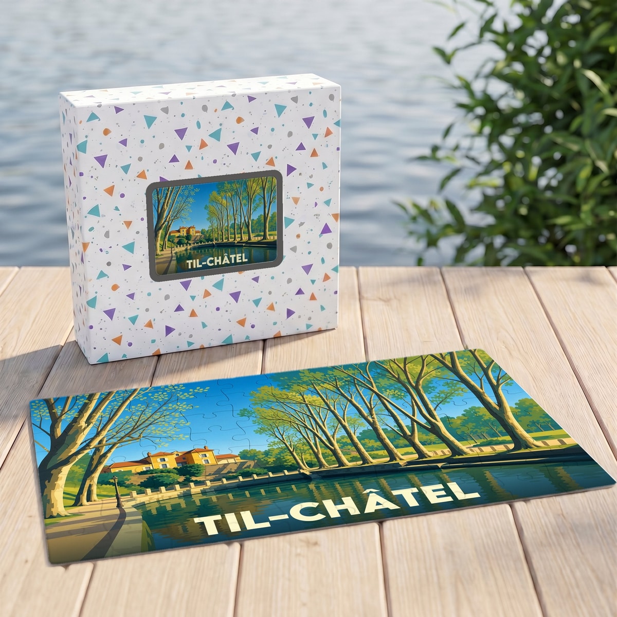 Puzzle souvenir de la ville de Til-Châtel avec une illustration stylisée d'un bord de rivière.