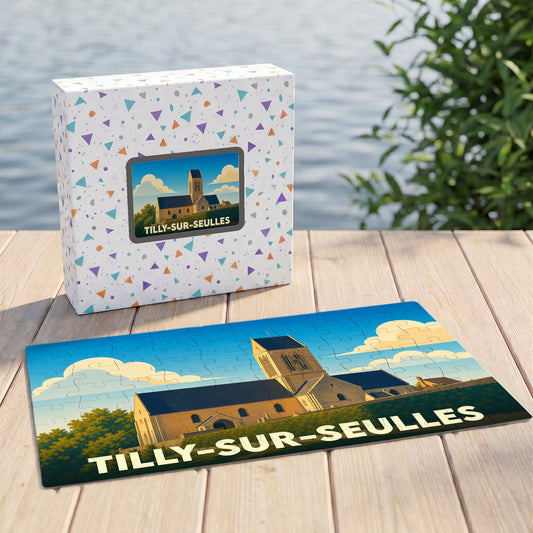 Puzzle souvenir de la ville de Tilly-sur-Seulles avec une illustration stylisée d'une église.