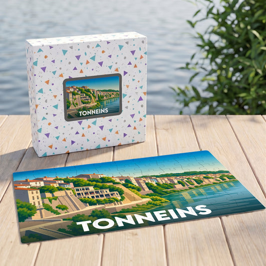 Puzzle souvenir de la ville de Tonneins présentant une illustration stylisée des quais de la Garonne.