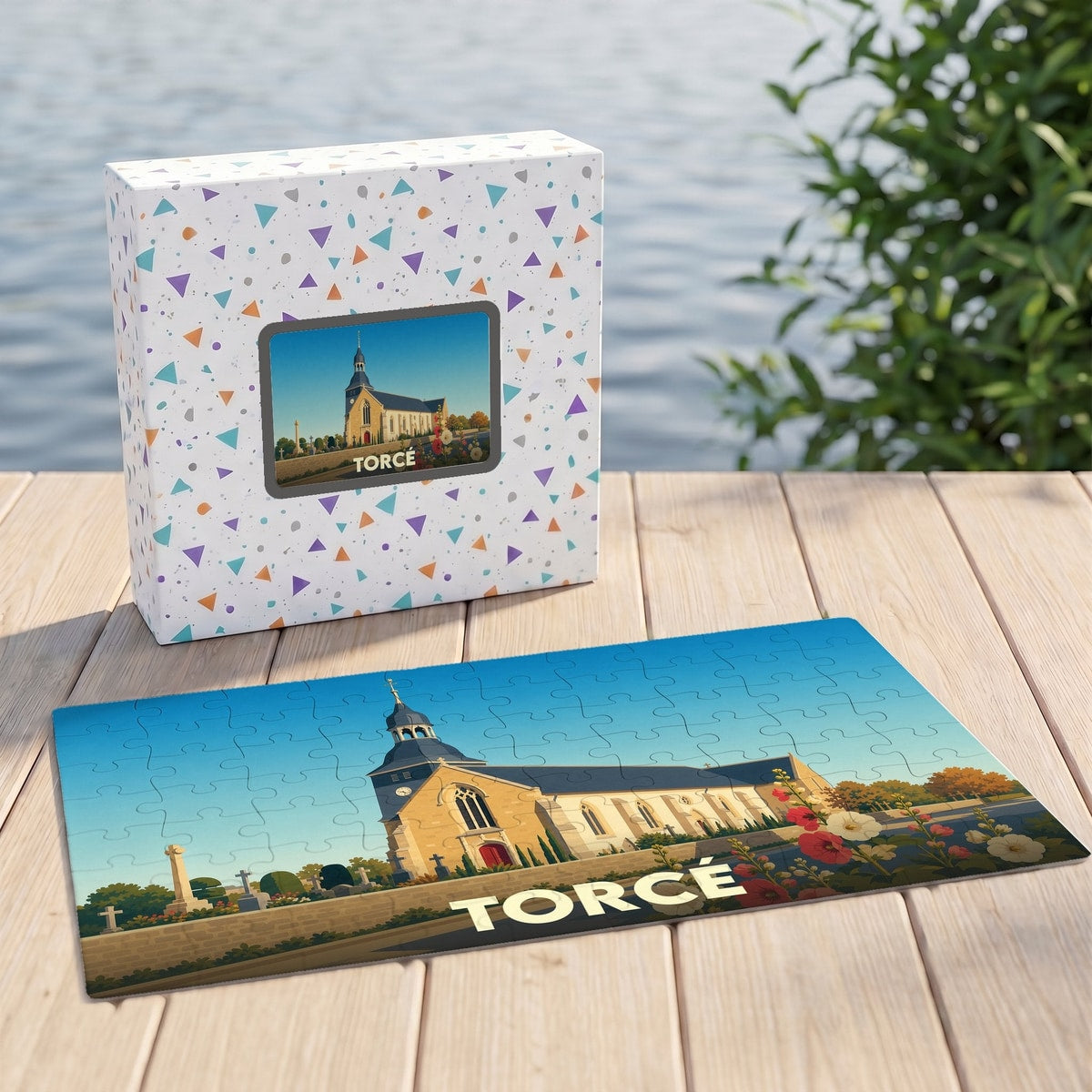 Puzzle souvenir de la ville de Torcé avec une illustration stylisée de son église.