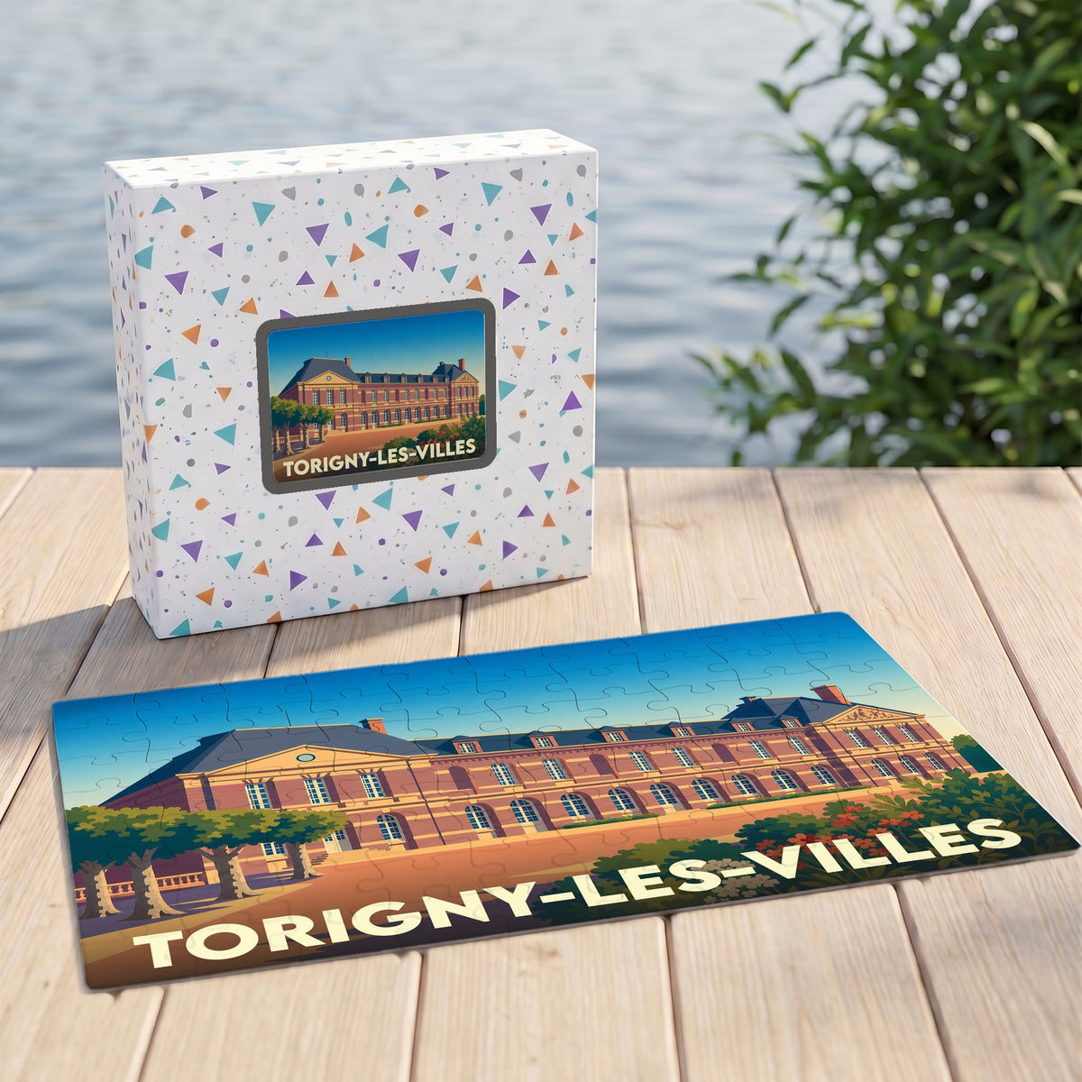 Puzzle souvenir de la ville de Torigny-les-Villes avec une illustration stylisée de son château.