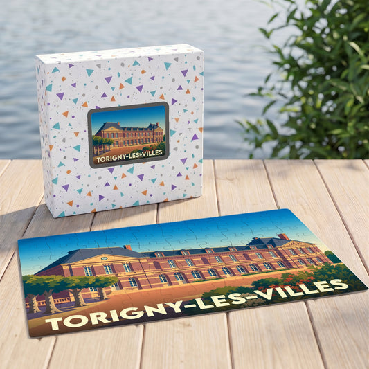 Puzzle souvenir de la ville de Torigny-les-Villes avec une illustration stylisée de son château.