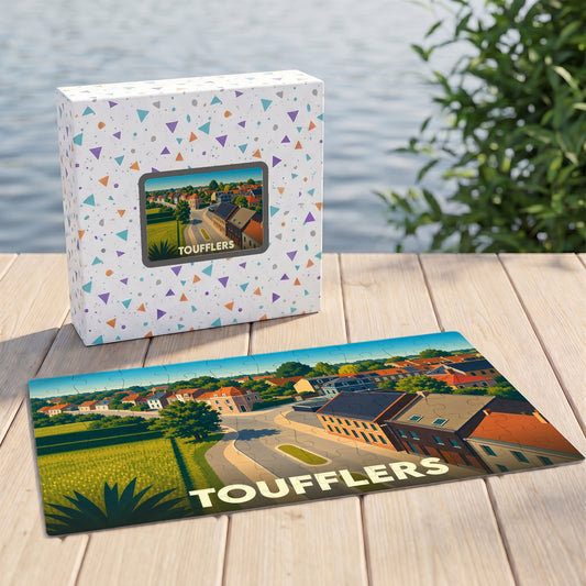 Puzzle souvenir de la ville de Toufflers avec une illustration stylisée et colorée.
