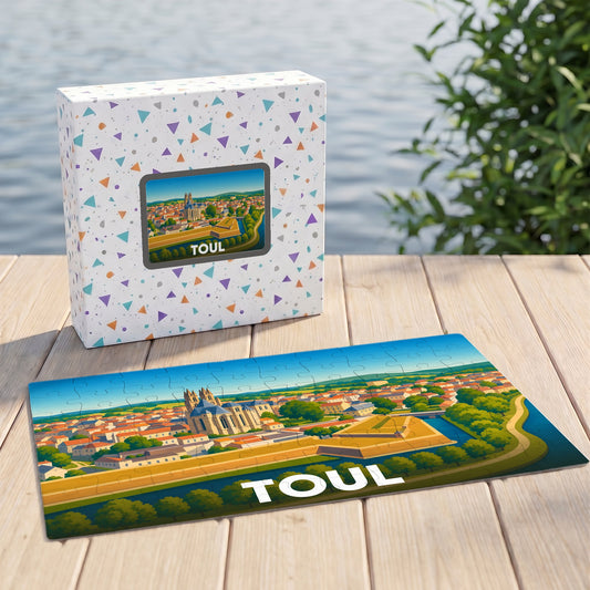 Puzzle souvenir de la ville de Toul avec une illustration stylisée de ses remparts et de sa cathédrale.