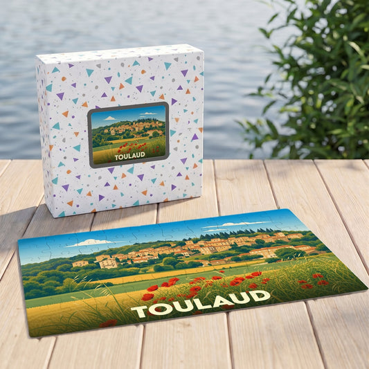 Puzzle souvenir de la ville de Toulaud représentant un paysage illustré avec des champs de coquelicots.