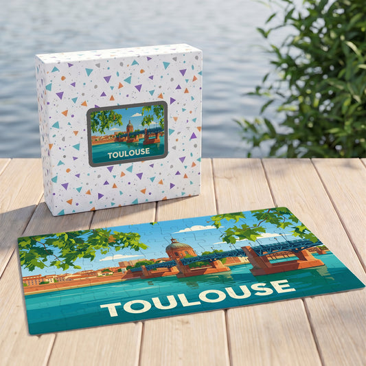 Puzzle souvenir de la ville de Toulouse avec une illustration stylisée du Pont-Neuf et de la Garonne.