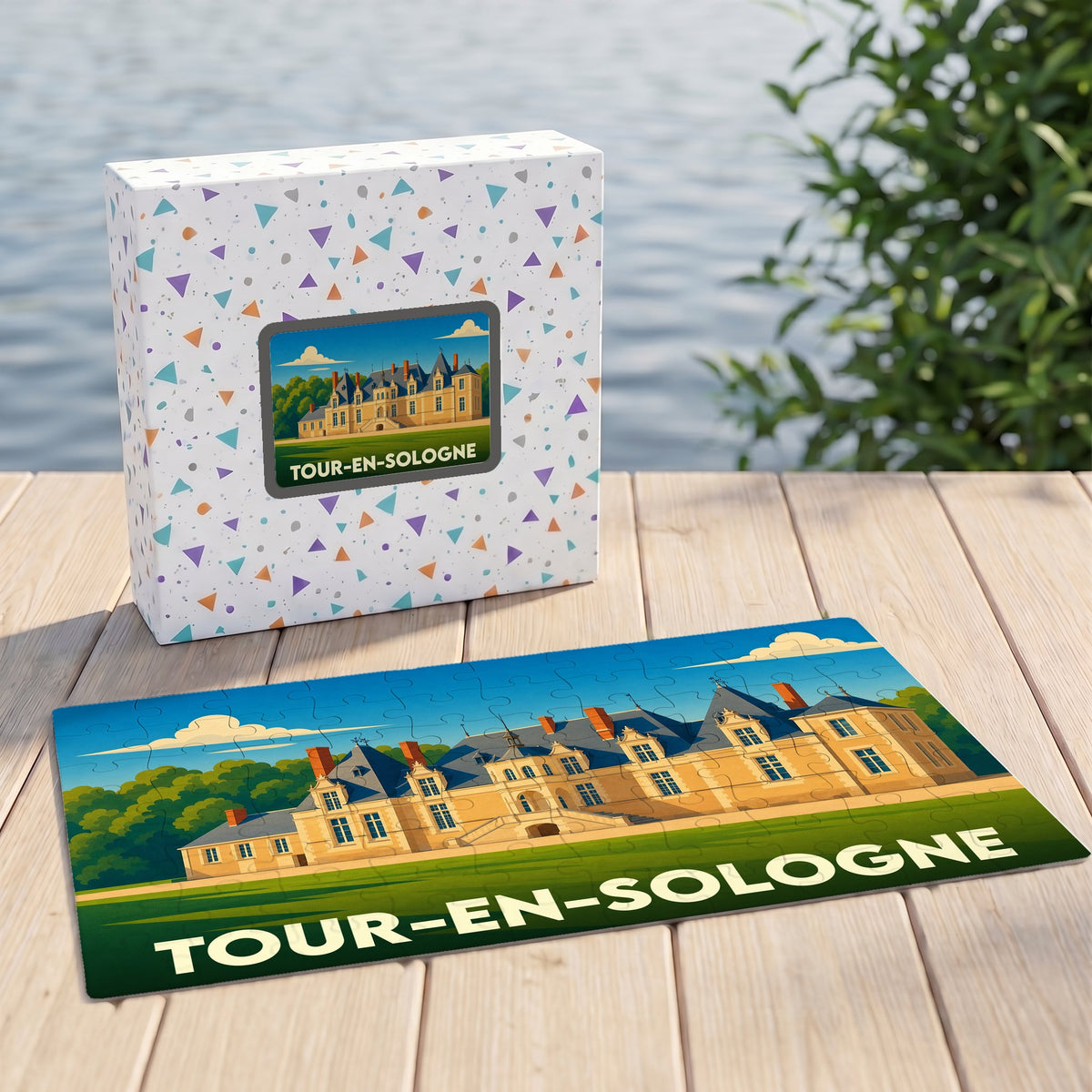 Puzzle souvenir de la ville de Tour-en-Sologne avec une illustration stylisée de son château.