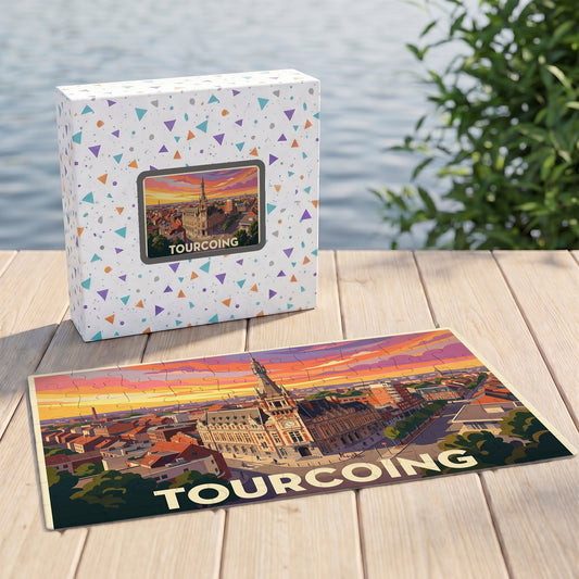 Puzzle souvenir de la ville de Tourcoing présentant une illustration stylisée de son hôtel de ville au coucher du soleil.
