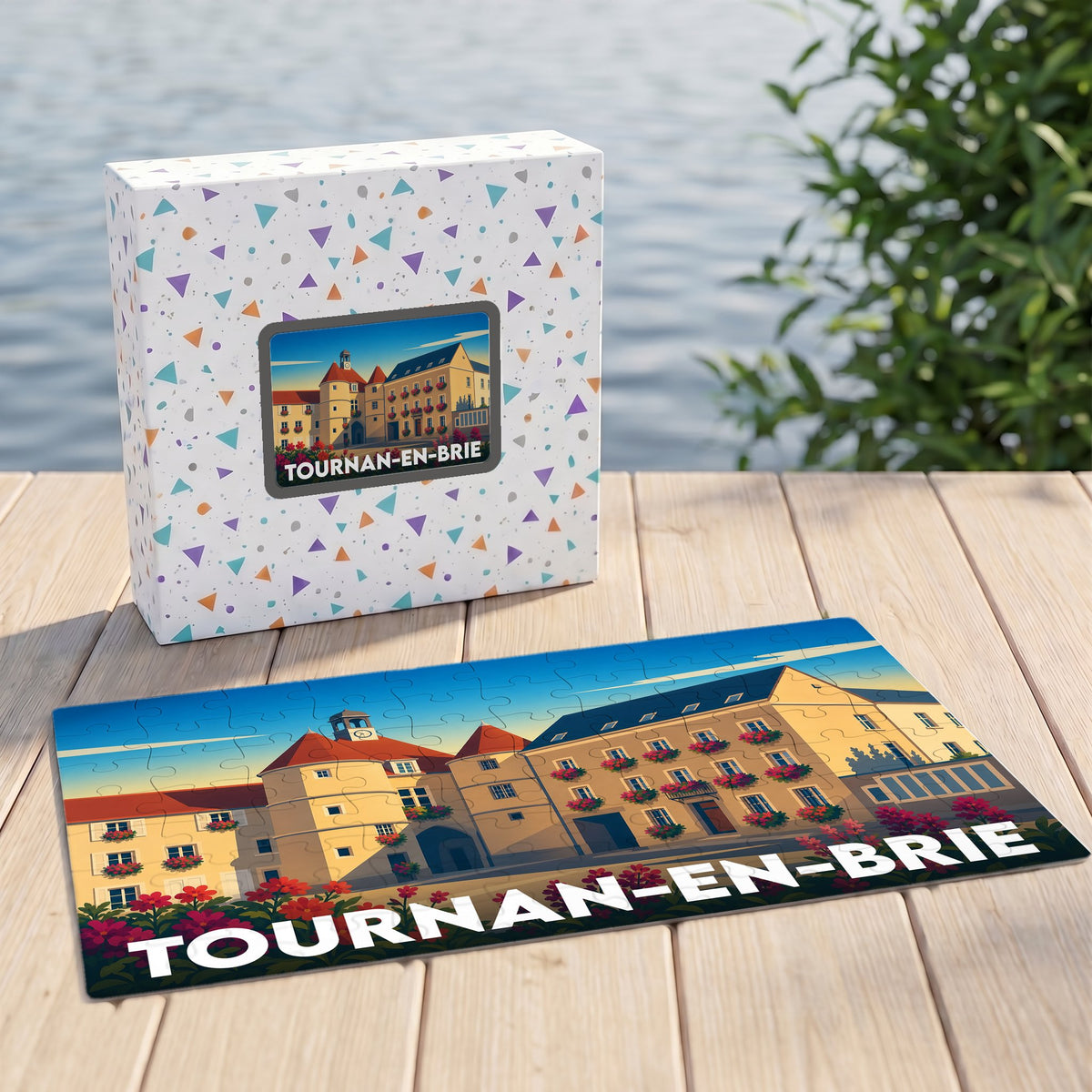 Puzzle souvenir de la ville de Tournan-en-Brie présentant une illustration colorée de l'architecture locale.