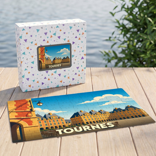 Puzzle souvenir de la ville de Tournes avec une illustration stylisée de sa place principale.