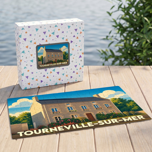 Puzzle souvenir de la ville de Tourneville-sur-Mer avec une illustration stylisée d'une maison côtière.