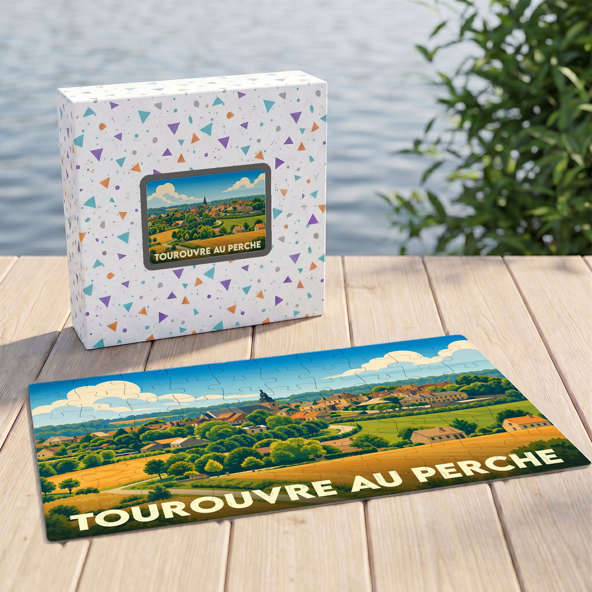 Puzzle souvenir de la ville de Tourouvre au Perche avec une illustration stylisée de son paysage rural.