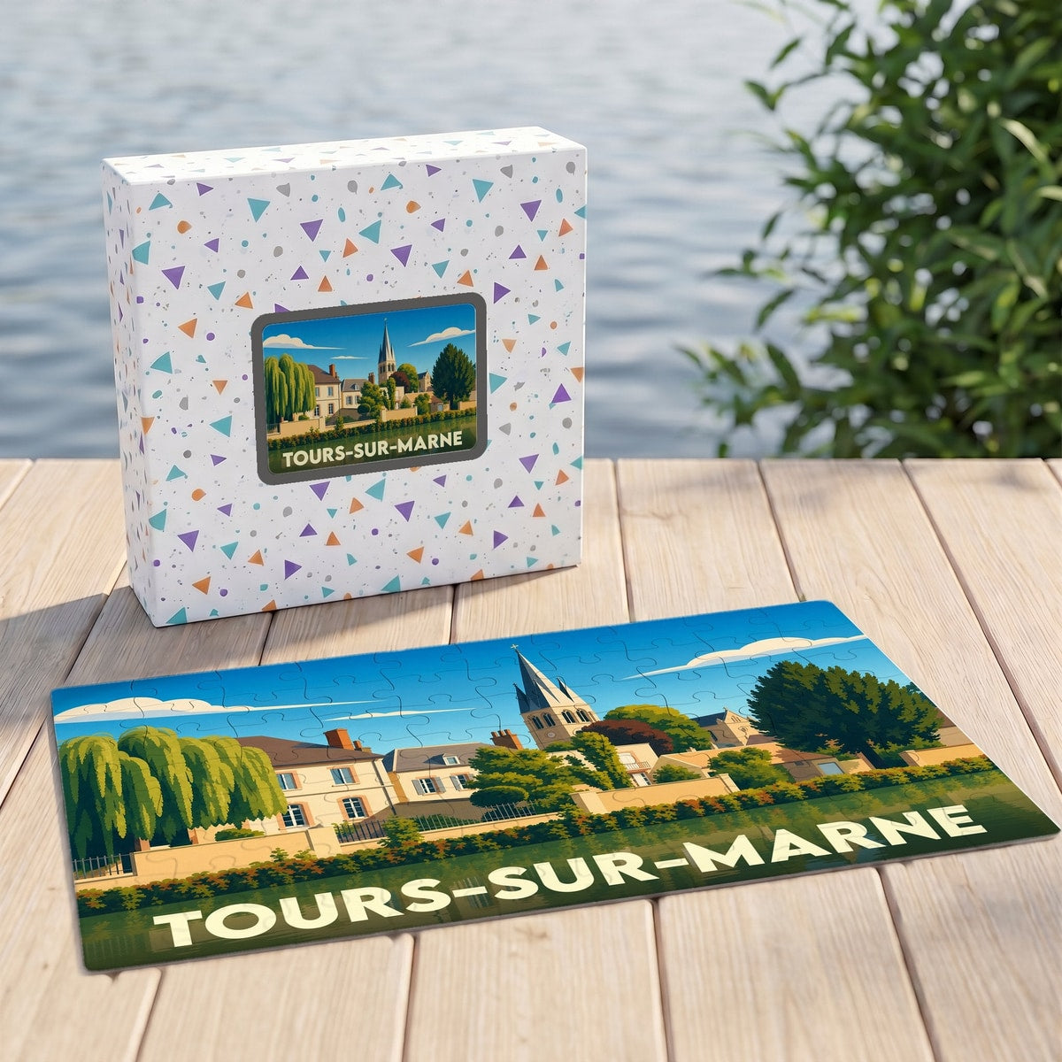 Puzzle souvenir de la ville de Tours-sur-Marne avec une illustration stylisée d'un paysage urbain au bord de l'eau.